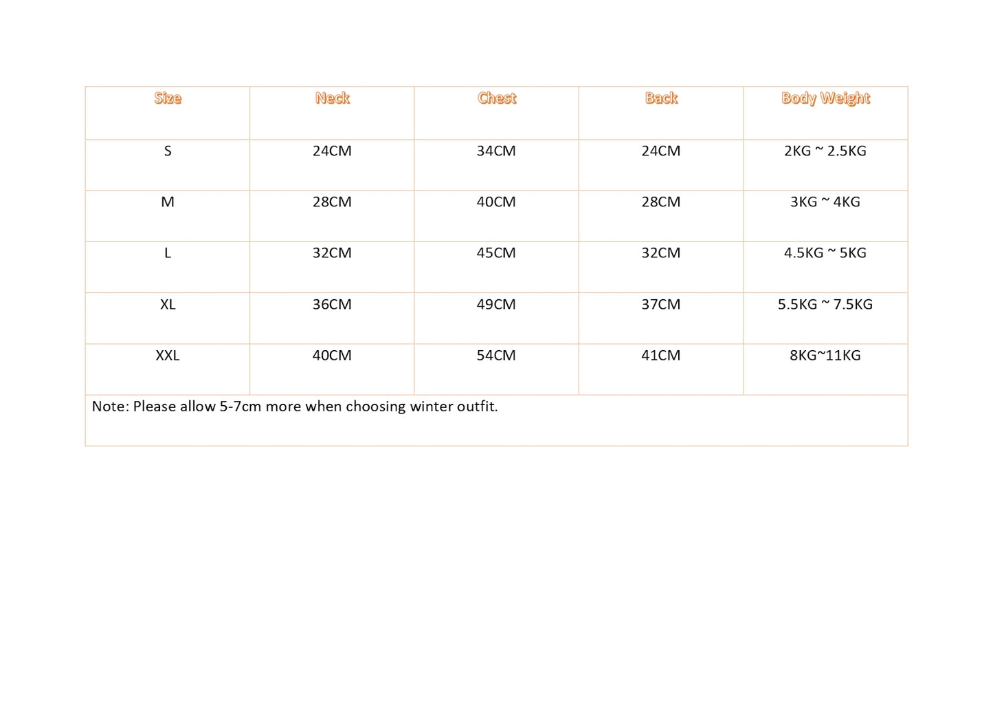 Dog Puffer Vest-Size guide