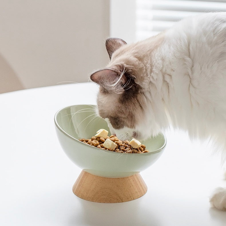 Elevated Ceramic Bowl with Wooden Stand