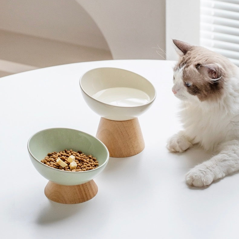 Elevated Ceramic Bowl with Wooden Stand